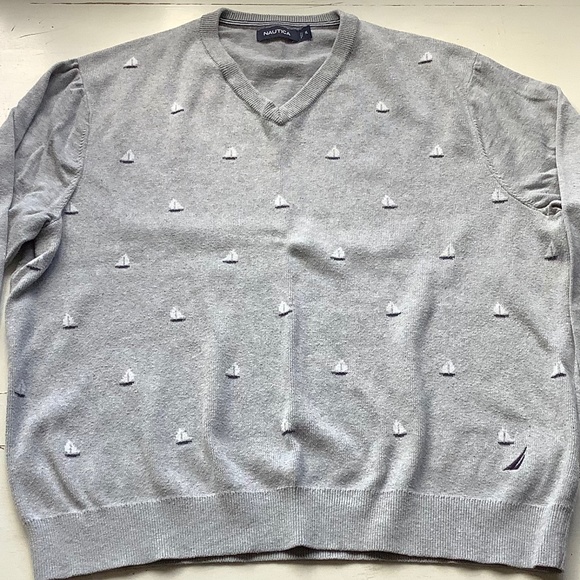 Nautica Nautical Sailboat knit Gray Cotton V Neck Sweater XL - Picture 1 of 8